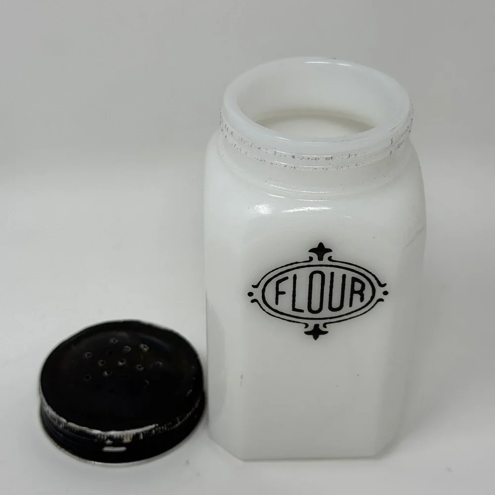Vintage Hazel Atlas Milk Glass Flour Shaker Black Art Deco Label Metal Lid
